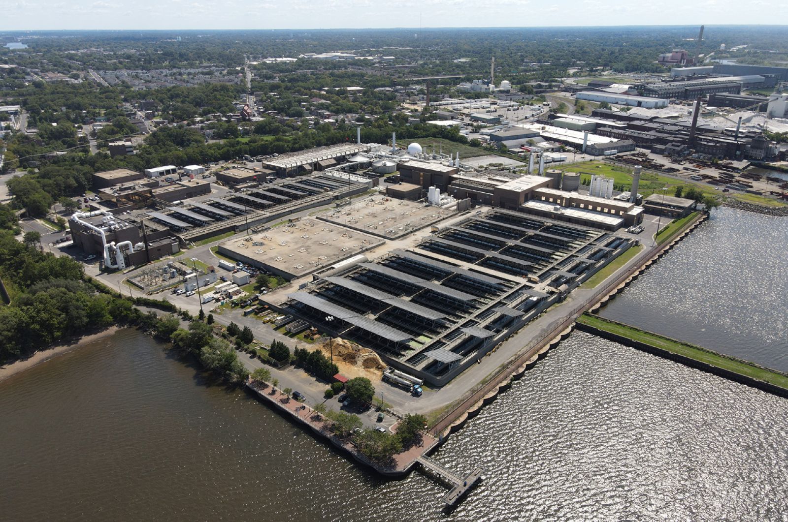 Aerial view CCMUA Delaware No. 1 facility with solar panels and green infrastructure Camden NJ