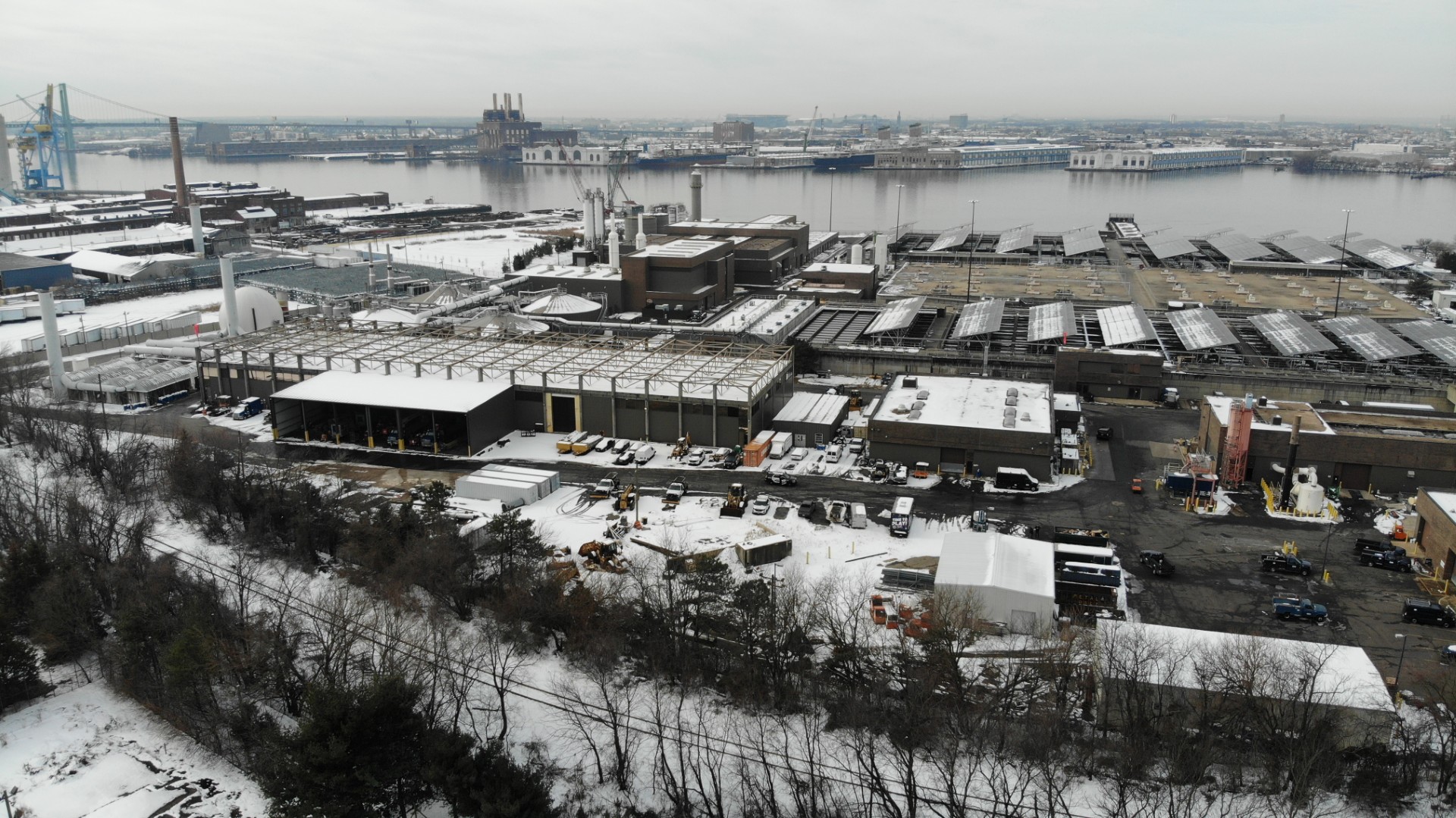 Winter aerial view CCMUA Delaware No. 1 facility showing climate resilience wastewater systems operations
