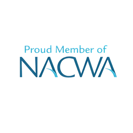 Logo with the text “Proud Member of NACWA,” with stylized wave designs in the letters.